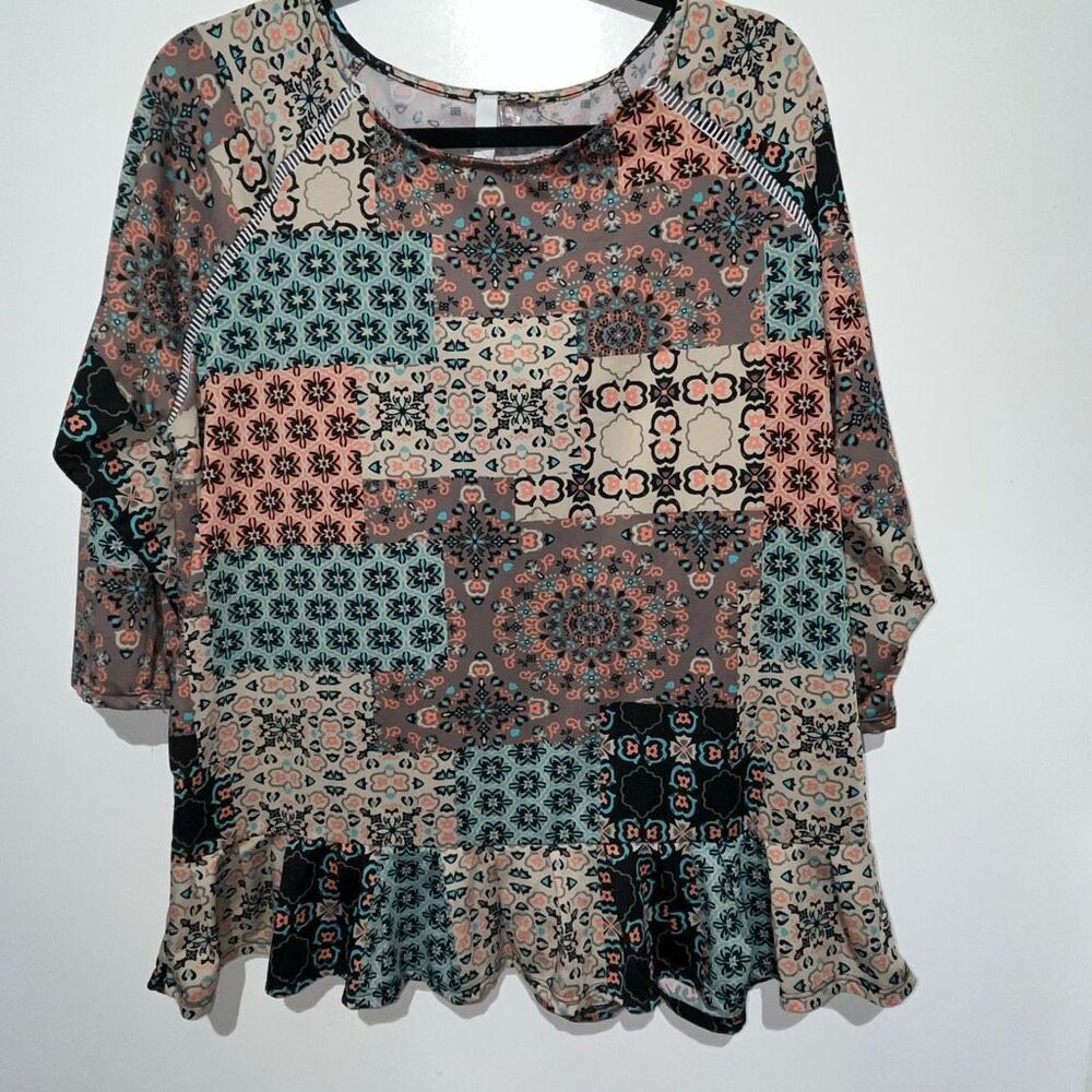 NY Collection Women's Multicolor Floral Patchwork 3/4 Sleeve Blouse Petite Large